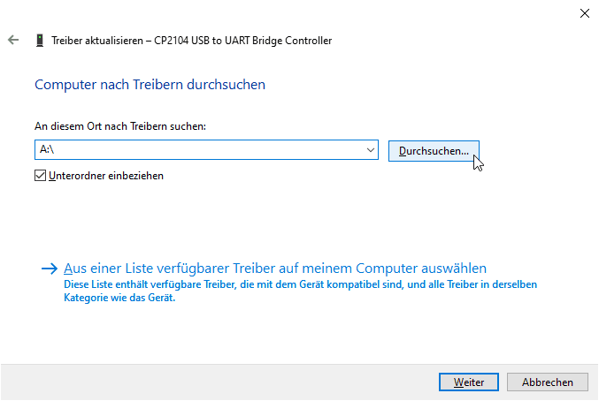 Treiber im Ordner suchen oder manuelle Eingabe des Pfades