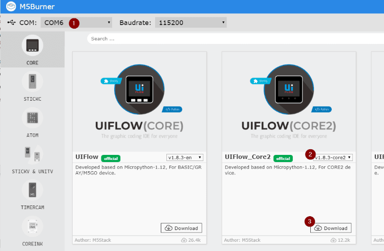 M5Burner - herunterladen des Flashfiles für den Core2