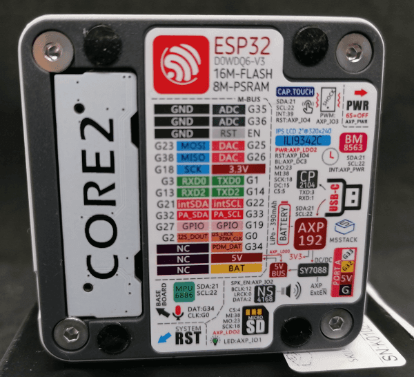 technische Daten auf der Rückseite des M5Stack Core2