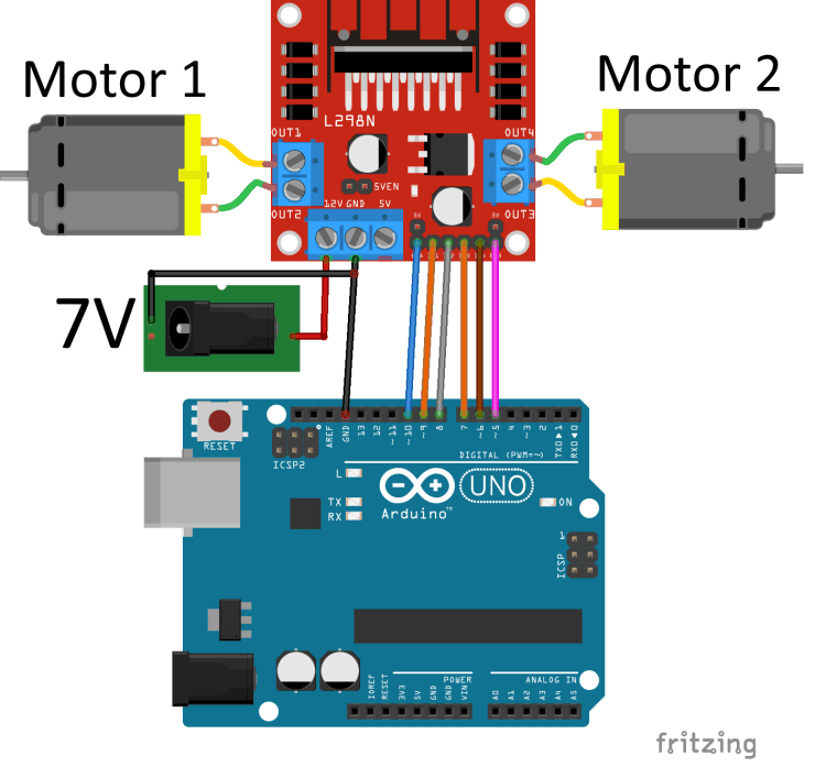 Aufbau der Schaltung - Arduino UNO, 2x DC Motor & L298N H-Brücke
