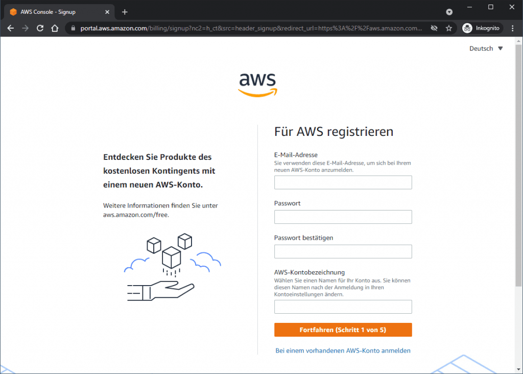 AWS Konto einrichten - Benutzername & Passwort sowie AWS-Kontobezeichnung
