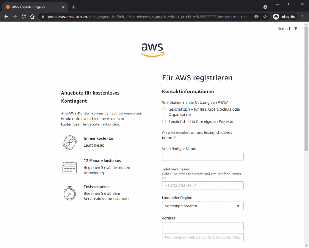 AWS Konto einrichten - Kontaktinformationen eingeben