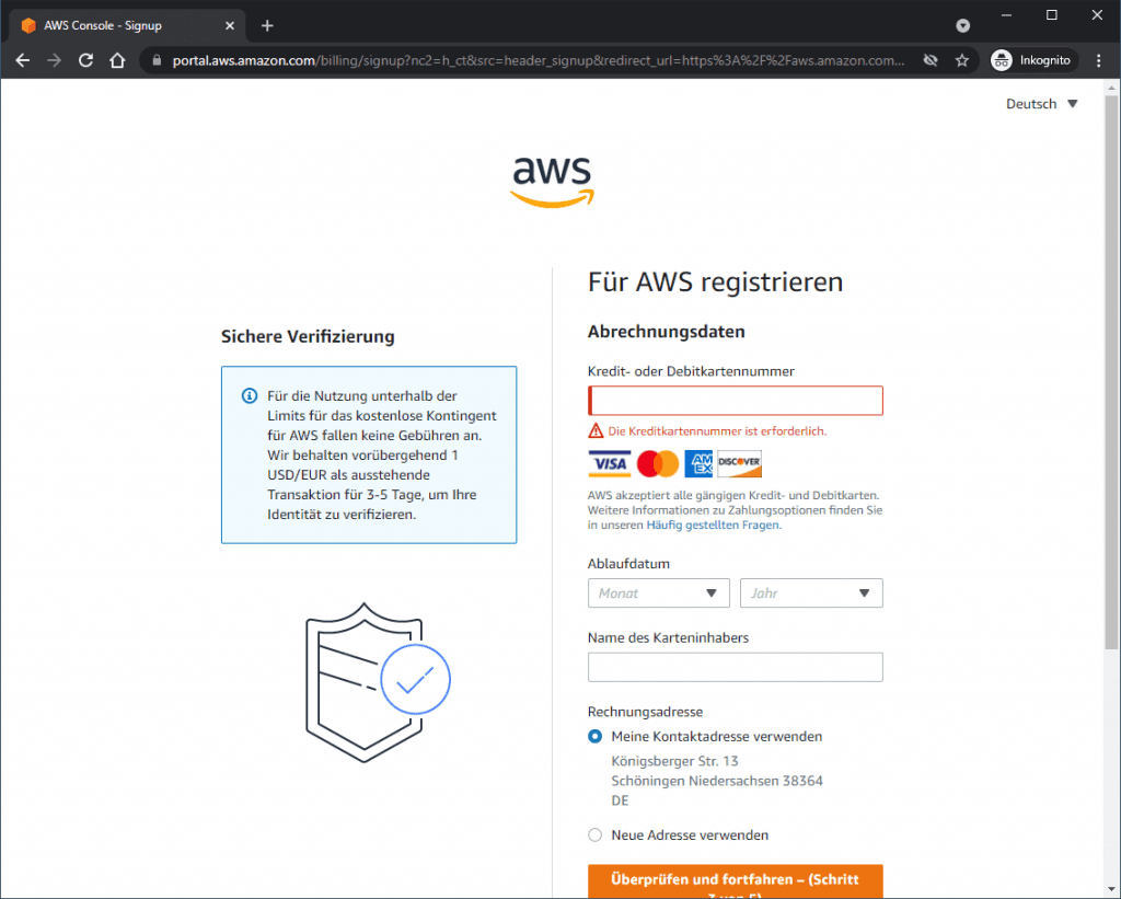 AWS Konto einrichten - Kreditkartendaten eingeben