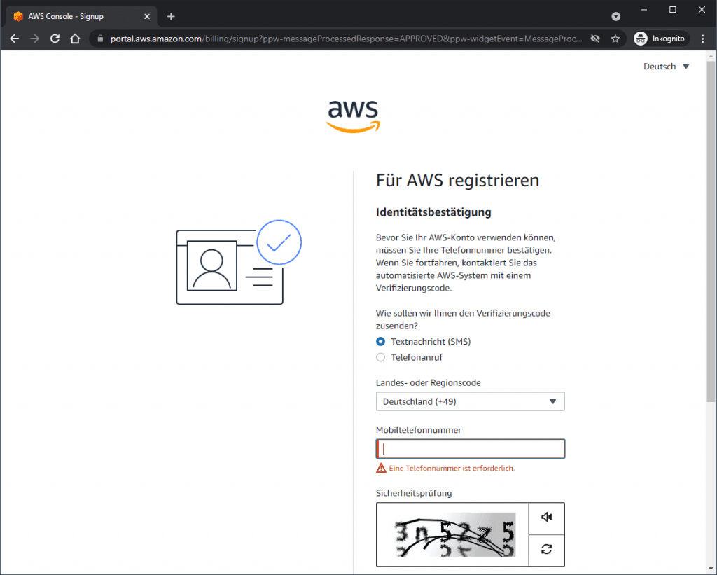 AWS Konto einrichten - Mobiltelefonnummer validieren