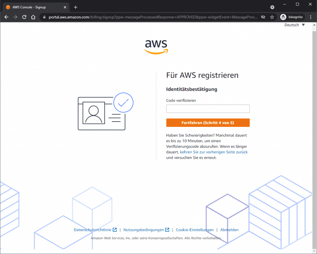 AWS Konto einrichten - Identitätsbestätigung (Code aus einer SMS eingeben)