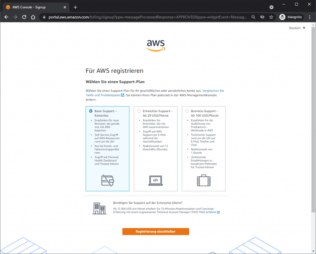 AWS Konto einrichten - Support-Plan auswählen