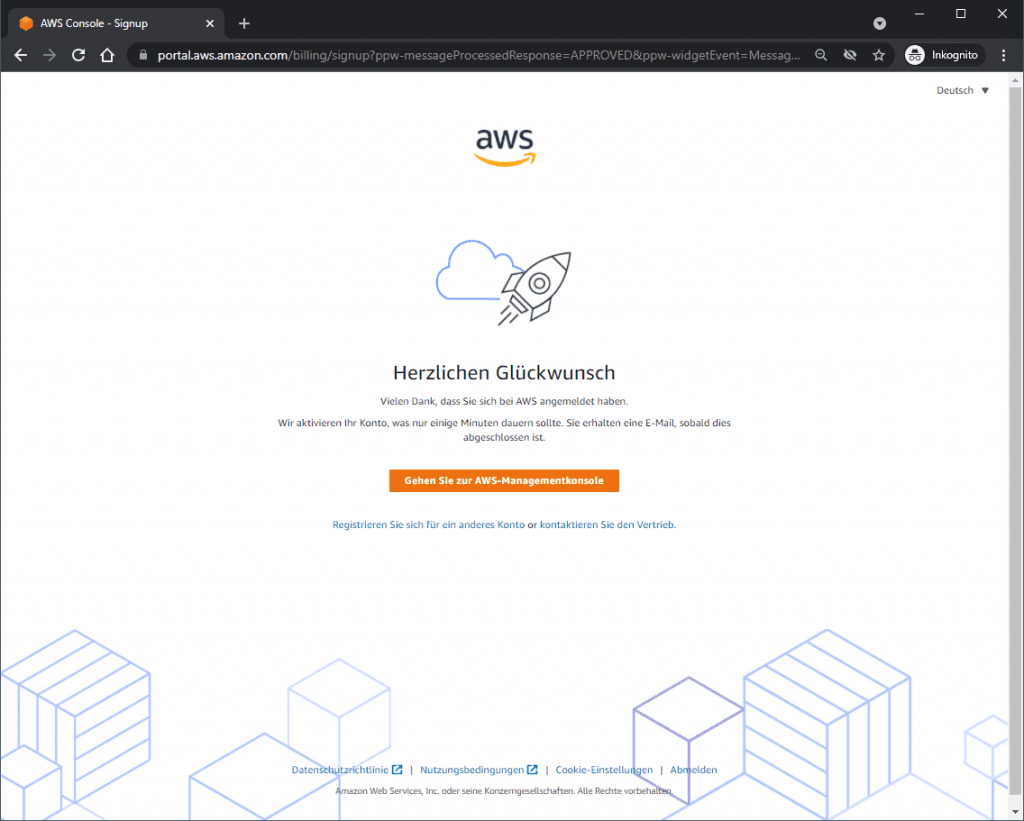 AWS Konto einrichten - Registrierung abgeschlossen