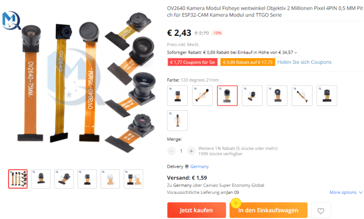 Verfügbare ESP32CAM Linsen auf aliexpress.com