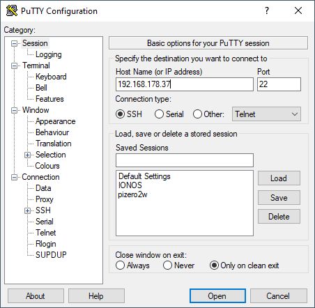 Putty Konfiguration für eine SSH Verbindung