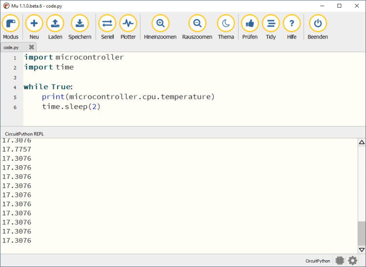MU Editor - anzeigen der CPU Temperatur vom Pi Pico
