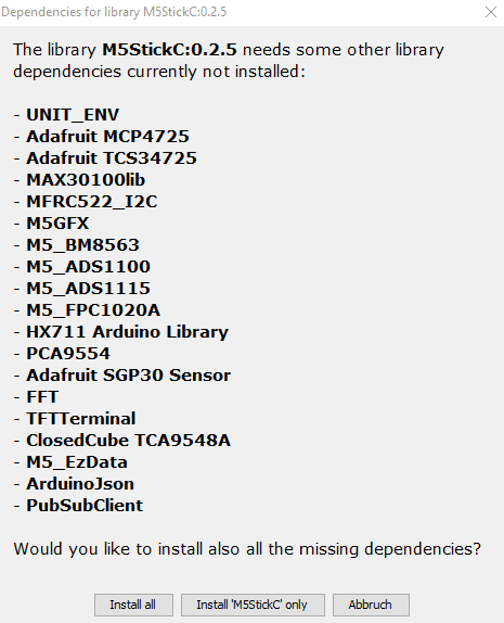 zusätzliche Abhängigkeiten für die M5StickC Bibliothek