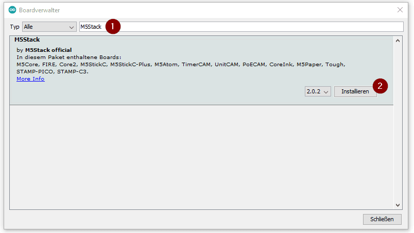 Arduino IDE - Boardverwalter installieren M5Stack Lib - Step 1