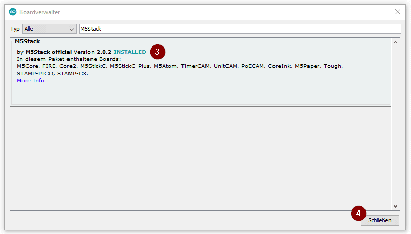 Arduino IDE - Boardverwalter installieren M5Stack Lib - Step 2