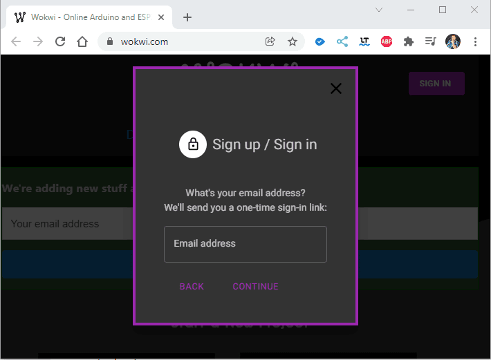 Anmelden an Wokwi über E-Mail