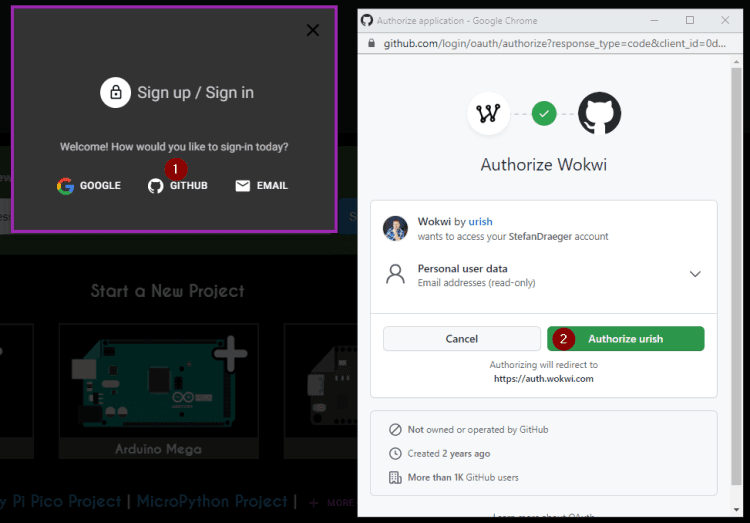 Anmelden an Wokwi über GitHub