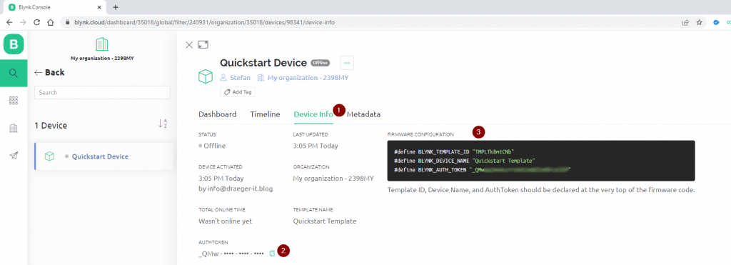 Blynk IoT - ermitteln des Auth-Token