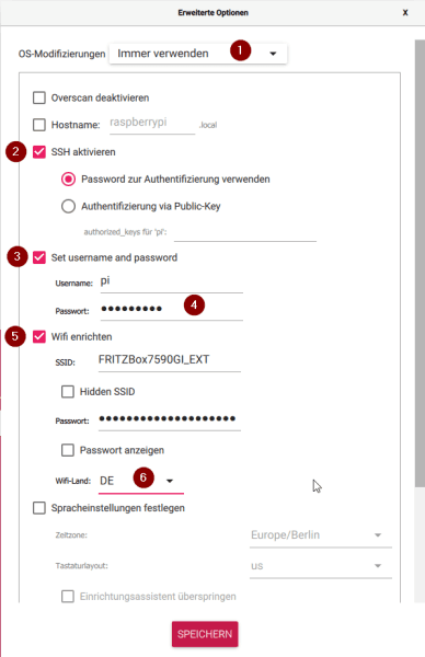 Erweiterte Optionen im Raspberry Pi Imager