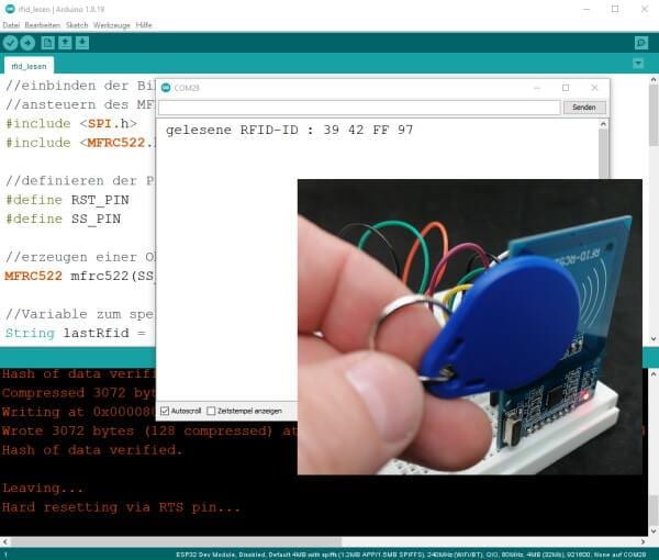 Ausgabe des Programmes zum lesen einer RFID-ID am ESP32