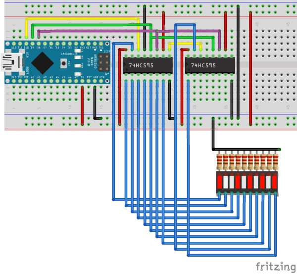 Aufbau der Schaltung - 10fach LED Bargraph mit Schieberegister am MAKER Nano