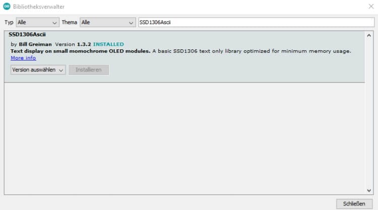 installieren der Bibliothek SSD1306Ascii in der Arduino IDE