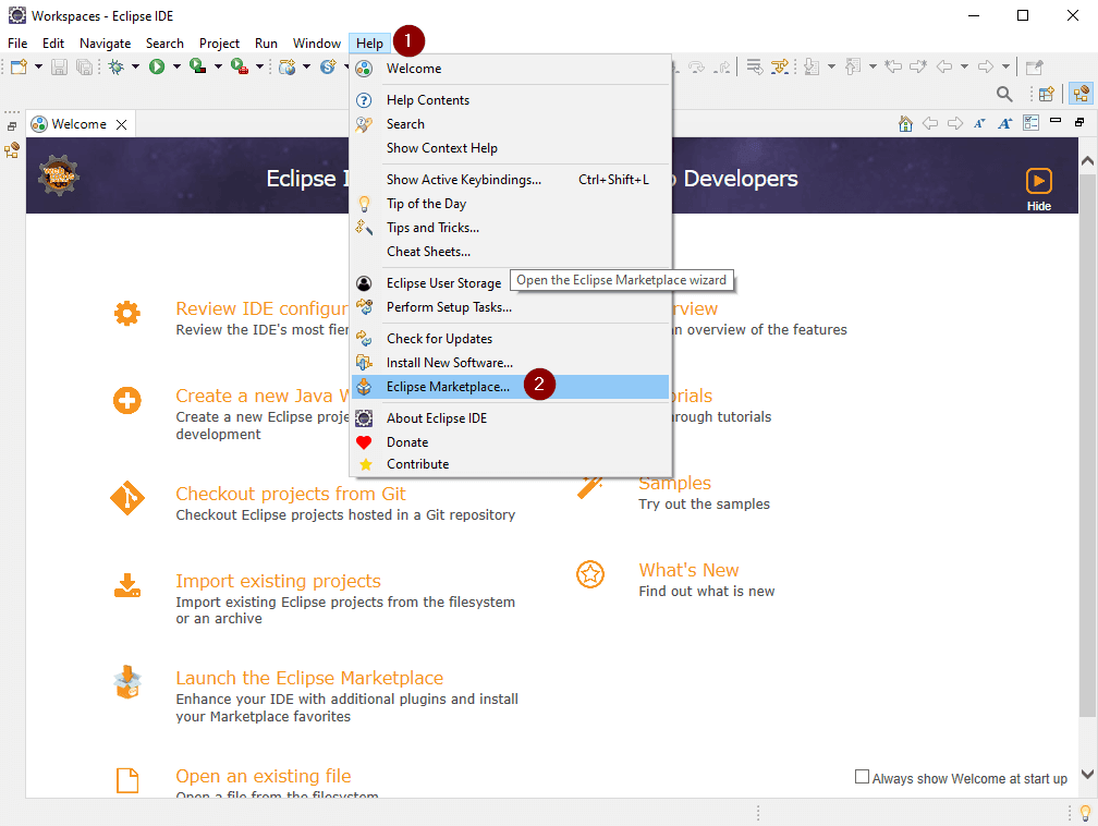 öffnen des Marketplace in der Eclipse IDE