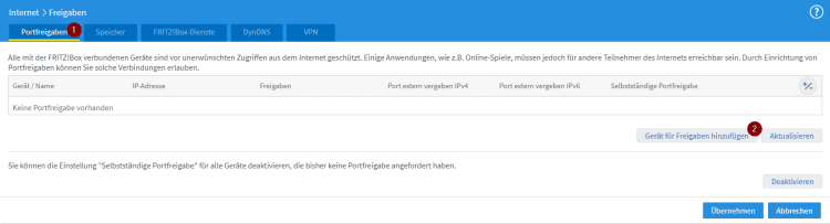 Fritz!Box Dialog Portfreigaben