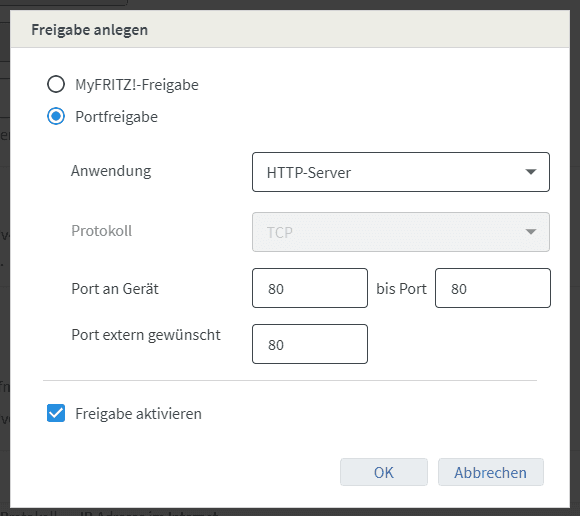 HTTP Portfreigabe einrichten