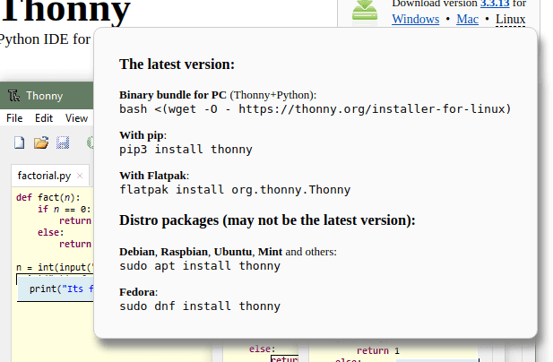 Befehle zum installieren der Thonny IDE unter Linux