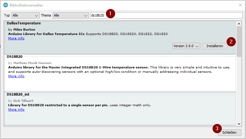 Librarymanager at Arduino IDE - search for DS18B20 library