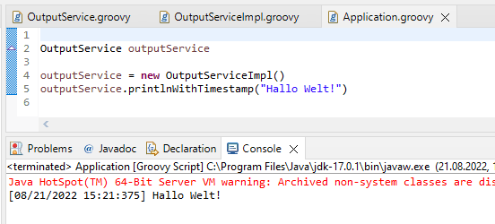 Ausgabe einer Servieimplementation in Groovy