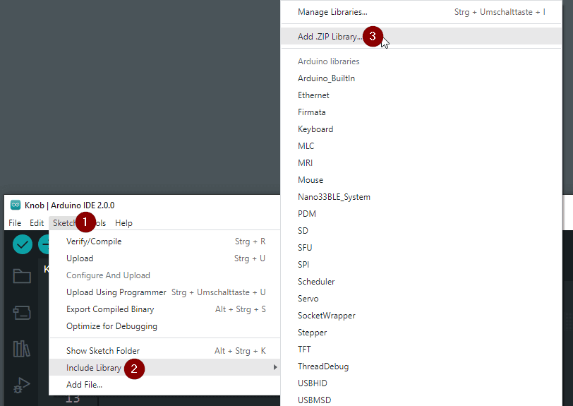 include .ZIP library to Arduino IDE 2