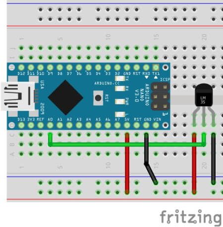 Arduino Nano with analog temperature sensor LM35DZ