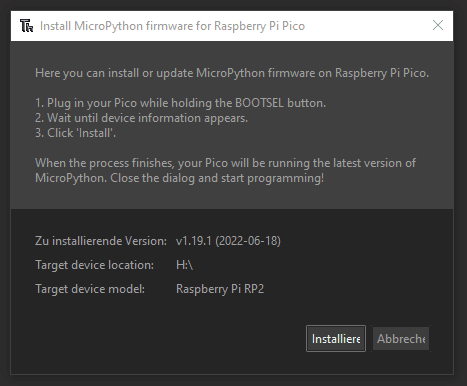 installieren der Firmware für Micropython über Thonny IDE