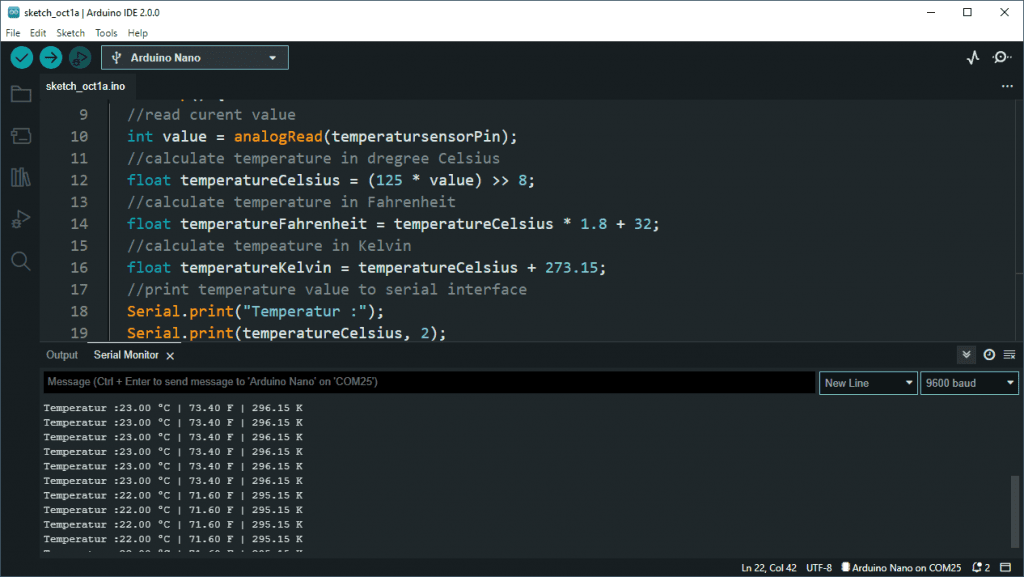 print temperature values from LM35DZ to serial interface