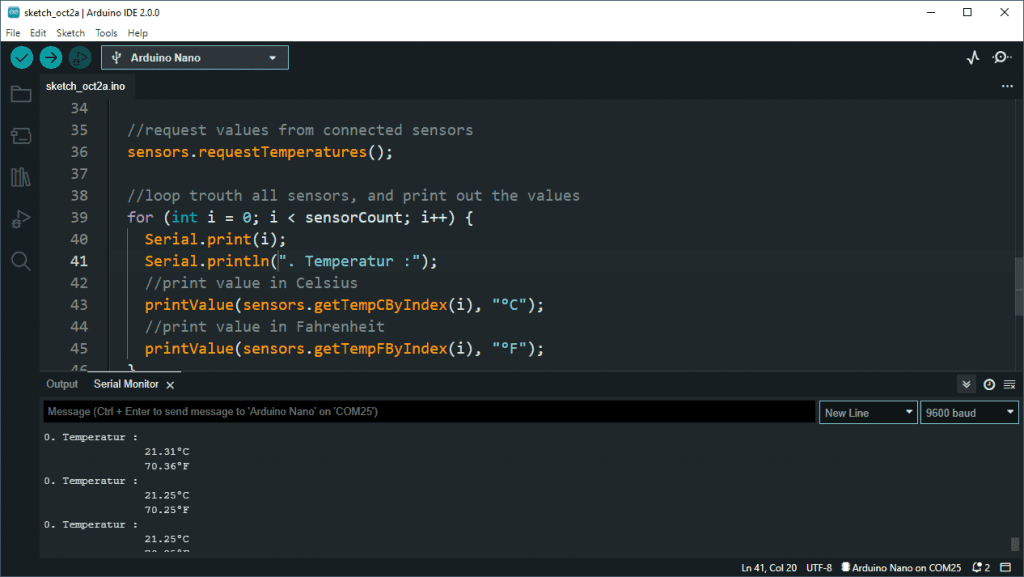 read and print temperature sensor values froom DS18B20