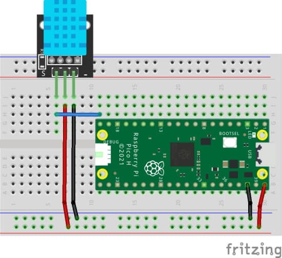 Schaltung - Raspberry Pi Pico mit Bauteil DHT11 & Widerstand