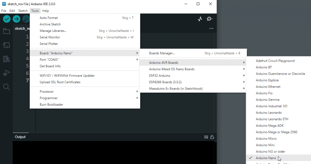 Auswählen des Mikrocontrollers Arduino Nano in der Arduino IDE