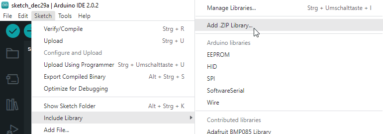 Arduino IDE 2.0 - einbinden einer neuen ZIP-Bibliothek