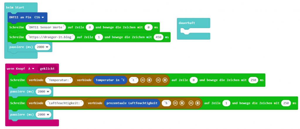 Make Code - Programm zum Anzeigen der DHT11 Sensordaten auf einem LCD-Display