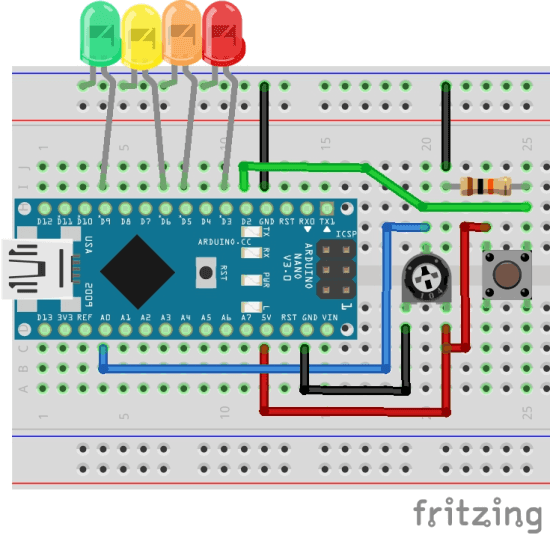 Schaltung - Arduino Nano mit LEDs, Taster & Drehpotentiometer
