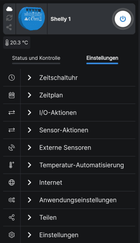 Shelly App - Menü mit externem Temperatursensor