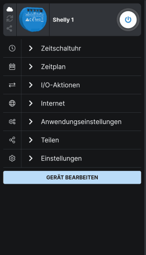 Shelly App - Menü