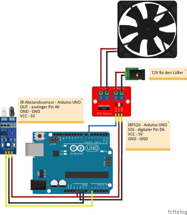 Schaltung - IRF520 Modul mit IR-Abstandssensor zur Lüftersteuerung