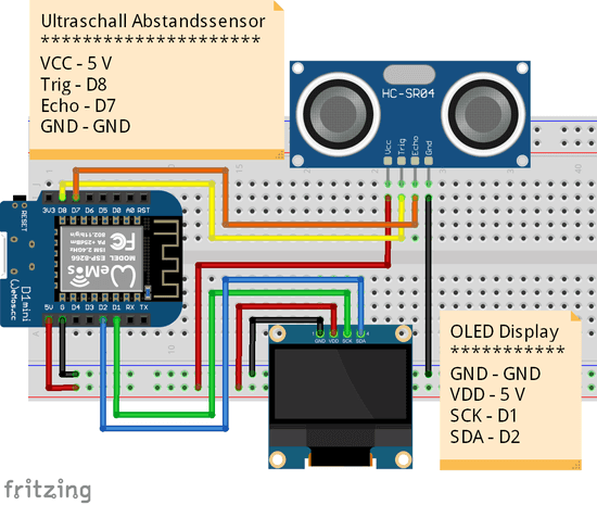 Schaltung - ESP8266 mit Ultraschall Abstandssensor & OLED Display