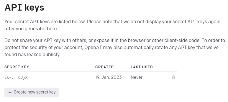 Übersicht API-Keys von OpenAI