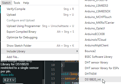 Einbinden des Include Befehls für den Sensor DS18B20 Sensor