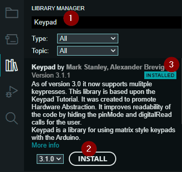 Installieren der Bibliothek Keypad über den Bibliotheksmanager der Arduino IDE