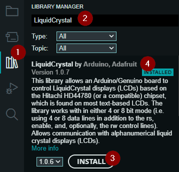 Installieren der Bibliothek LiquidCrystal über den Bibliotheksmanager der Arduino IDE