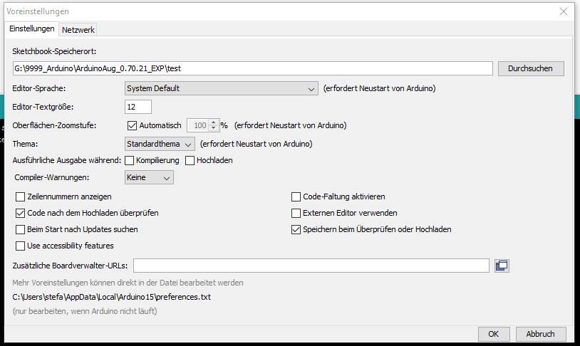 Arduino IDE - Voreinstellungen, Speicherort (custom)