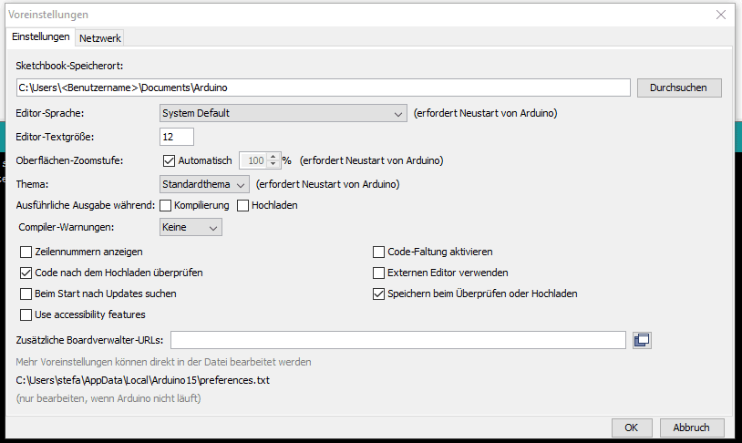 Arduino IDE - Voreinstellungen, Speicherort (default)